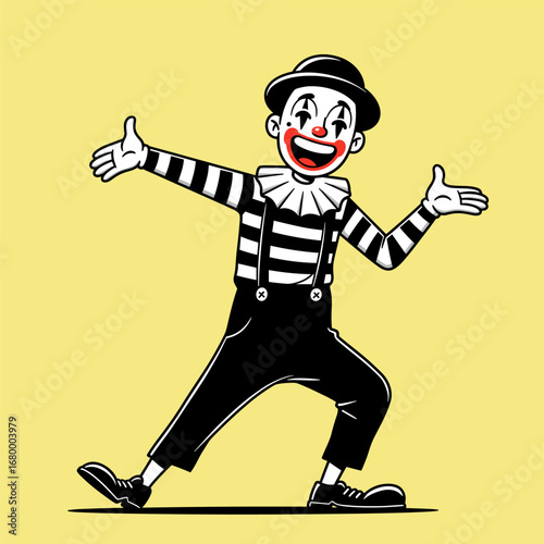 Playful cartoon mime with open arms, striped outfit, and red nose on yellow background.