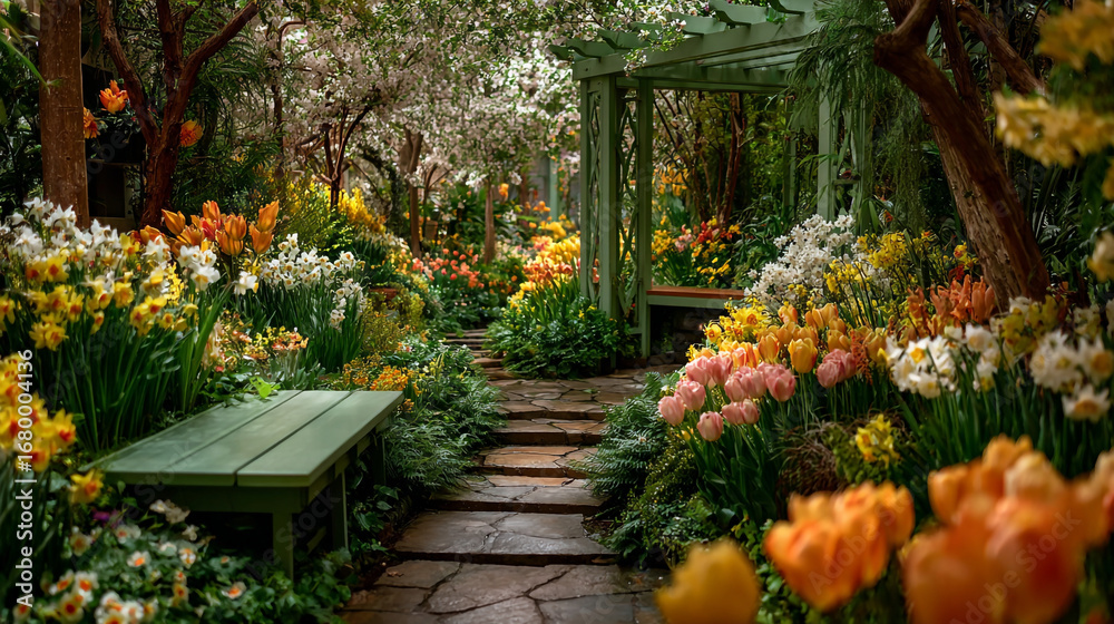 Obraz premium A garden path with benches and a pergola surrounded by colorful flowers.