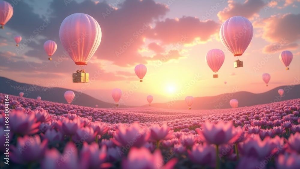 Fototapeta premium Pink hot air balloons carrying gifts over a field of flowers at sunset.