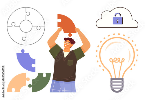 Man holding puzzle piece to complete circle alongside glowing lightbulb and locked cloud. Ideal for problem-solving, creativity, teamwork, innovation, security, strategy, modern solutions. Simple