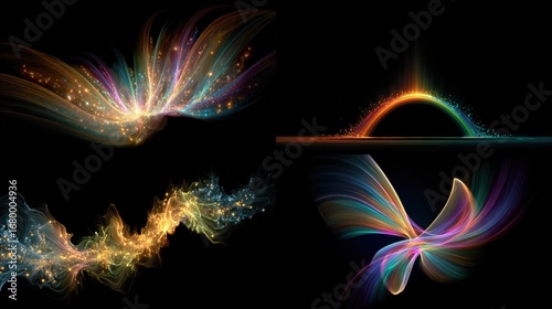 Abstract light forms flowing, colorful lines and particles on a black backdrop