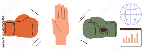 Red and green boxing gloves facing each other, mediating hand between them, globe, and data chart. Ideal for conflict resolution, communication, analysis, teamwork, competition negotiation simple