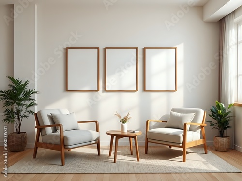 Modern Living Room Interior with Wooden Armchairs and Blank Frames