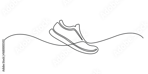 Sports shoe one continuous line drawing on white background concept of shoe business, Sport Sneaker shoes single line art drawing style, Sneakers are drawn with one line. Sports shoes. Pro vector