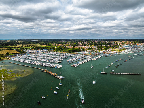 Lymington River and marina from drone, Lymington, New Forest, Hampshire, England
