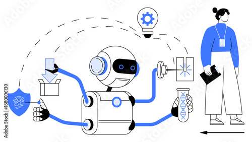 Robot conducting multitasking actions, including lab work, analysis, and data processing near a scientist. Ideal for technology, AI, teamwork, science innovation security education. Simple flat