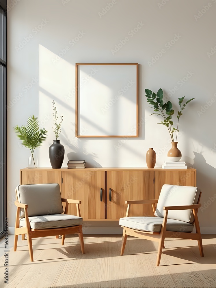 Fototapeta premium Minimalist Living Room Interior: Mockup with Wooden Furniture and Blank Frame