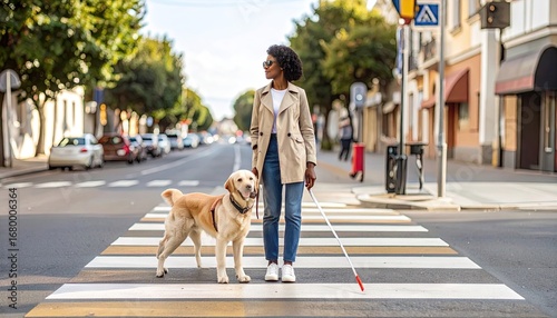 Fototapeta Naklejka Na Ścianę i Meble -  Woman with Guide Dog Crossing City Street