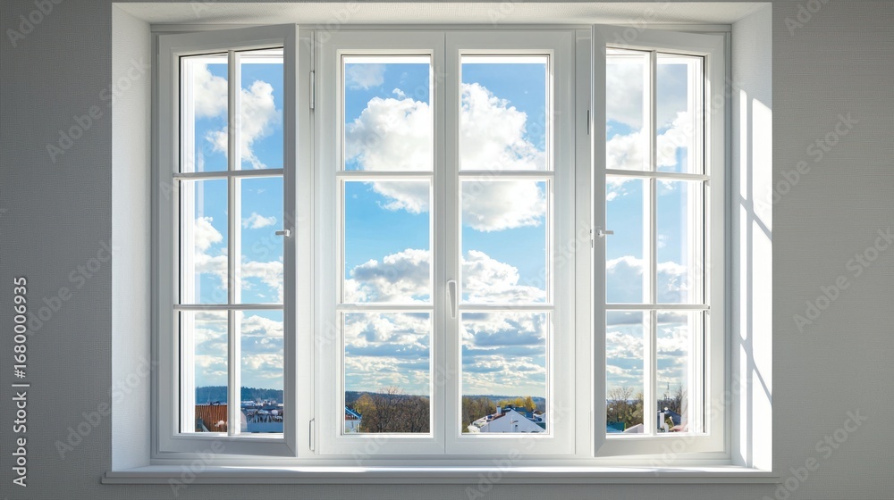 Obraz premium A white window frame with a view of a blue sky and white clouds, set against a white wall with a shadow cast by the window.