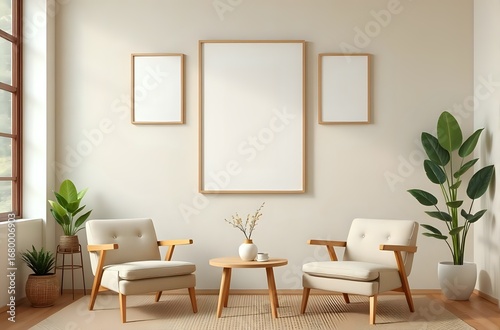 Minimalist Living Room Interior with Mockup Frames and Cream Armchairs