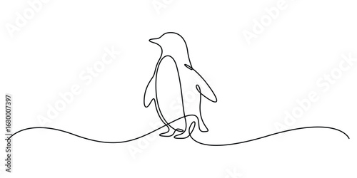 One continuous line drawing of penguin, walking, monochrome illustration. Minimalist single line art style penguin. Vector illustration