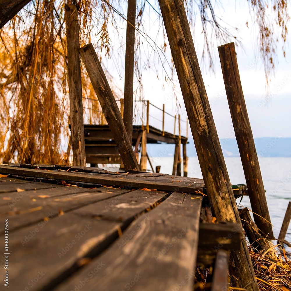 Obraz premium Decaying wooden pier by the lake