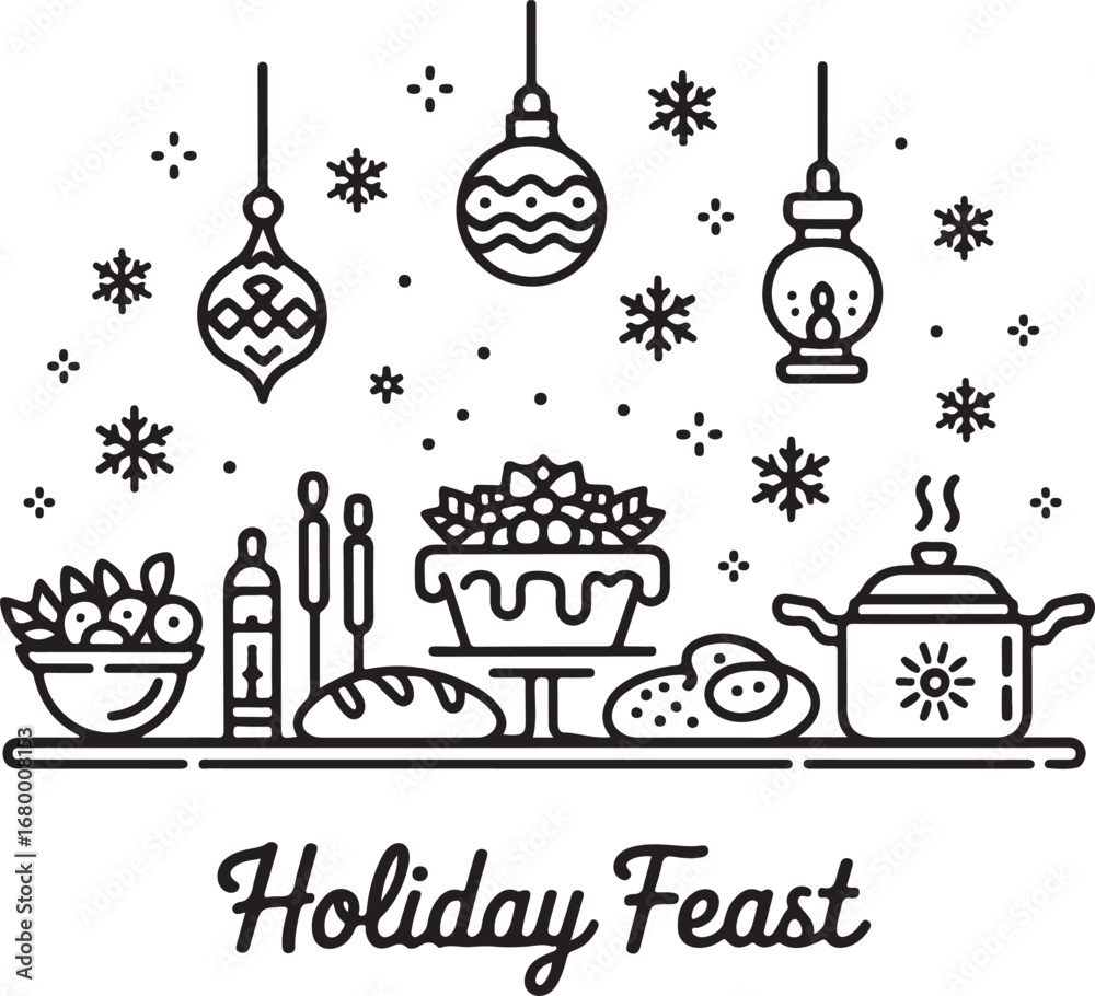 Naklejka premium Holiday Food Vector Icons Collection Festive Dinner Table, Cake, Bread, Tea Kettle, Ornament, Lantern, Fruit Bowl, and Cooking Pan