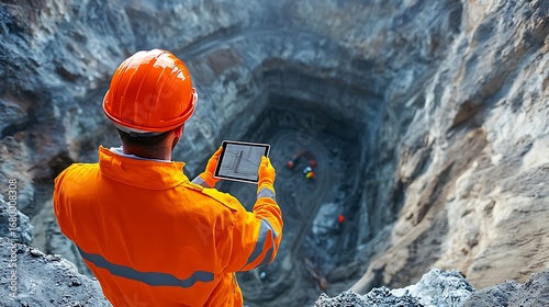 Engineer in Orange Gear with Tablet at Mine Excavation Site Surveying the Project.
