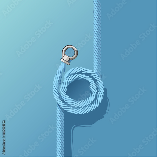 Elegant vector illustration of a blue nautical rope coiled into a fine spiral ornament, with a subtle shadow and a metal thimble on a blue background