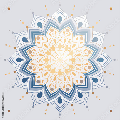 A beautifully detailed vector mandala ornament featuring elegant fine lines, golden gradients, and a serene blue color palette