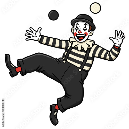 Energetic cartoon mime mid-jump, juggling black and white balls, with bold striped outfit and red accents.