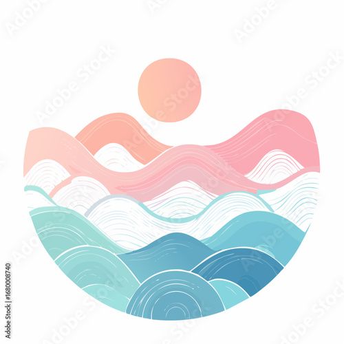Serene minimalist illustration of ocean waves and mountains with a rising sun, created in a soft pastel Japanese style