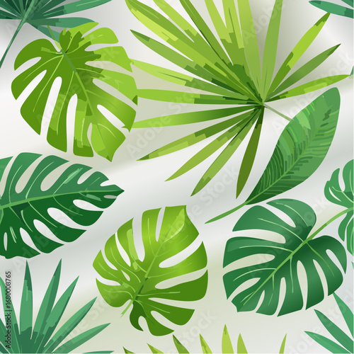 Realistic vector seamless pattern of lush tropical leaves, featuring monstera and palm fronds with layered shadows on a soft, flowing background
