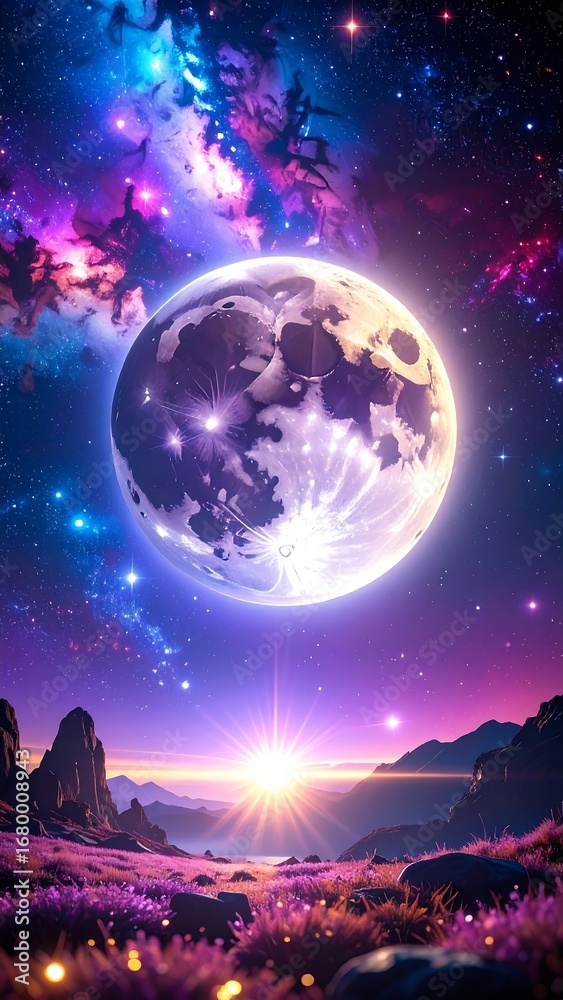 Naklejka premium A vibrant, otherworldly landscape showcases a celestial moon, a sunrise, and a field of purple wildflowers, bathed in vibrant colors of pink, purple, and blue, creating a mystical and dreamlike...