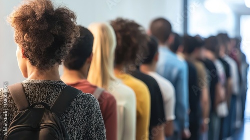 A long line of people standing in a queue, waiting to be served at a counter.