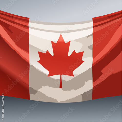 Vector illustration of a draped Canadian flag hanging with realistic fabric folds and soft shading on a neutral background