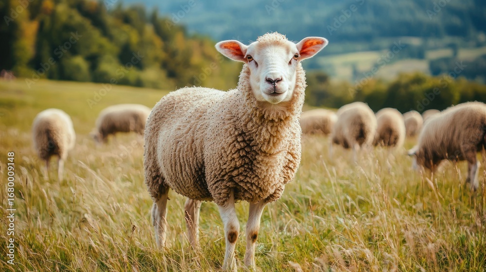Naklejka premium A sheep standing in a grassy field with other sheep in the background, under a cloudy sky with mountains in the distance.