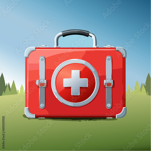 Stylized vector graphic of a portable emergency medical kit. The red case features a white first aid cross and realistic metallic lock details on a simple background