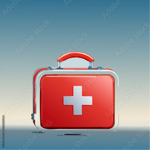 Vector illustration of a shiny red first aid box featuring a white cross symbol and metallic details on a clean gradient background