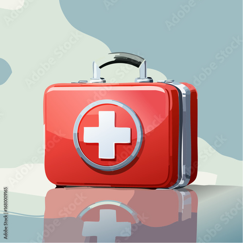 Stylized vector illustration of a red medical first aid kit with a white cross, reflecting on a glossy surface for healthcare concepts