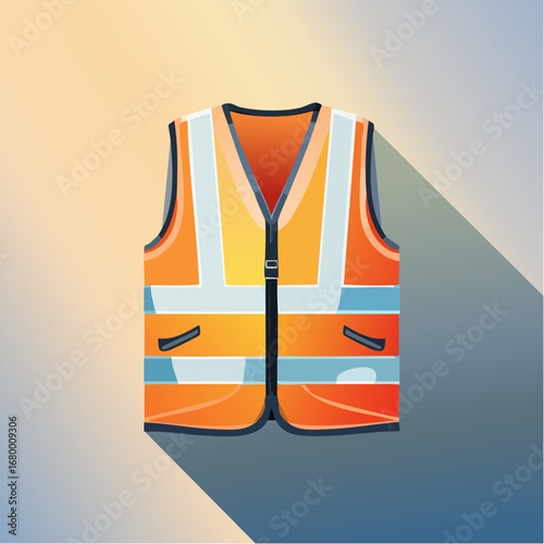 A vibrant orange high-visibility safety vest with reflective stripes, depicted as a flat vector icon for construction and worker protection