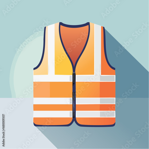 A detailed vector graphic of a high-visibility orange safety vest, showcasing reflective stripes in a flat design style with a long shadow effect on a pastel background