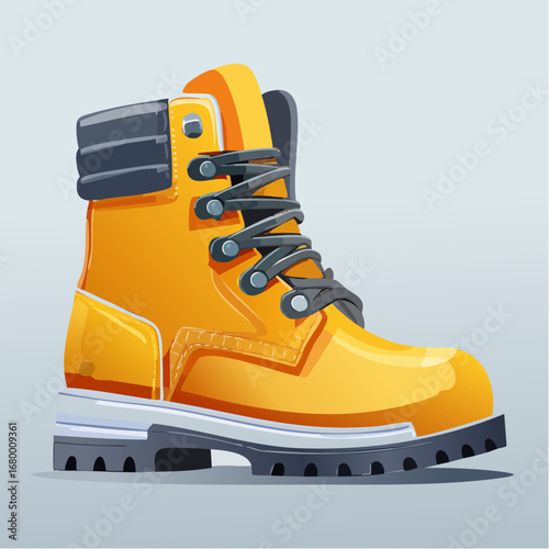 Realistic vector graphic of a single yellow industrial safety boot with a rugged sole and detailed design, isolated on a clean background