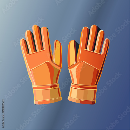 A detailed vector illustration of a pair of orange protective work gloves, showcasing a realistic shiny texture for safety and industrial concepts