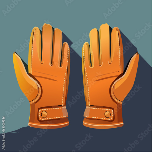 A detailed vector illustration of a pair of classic orange leather gloves isolated with realistic shadows and highlights