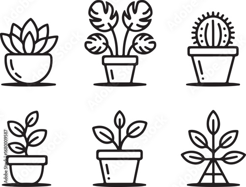 Houseplant Vector Icons Collection Succulent, Monstera, Cactus, Flower Pot, Hanging Planter, Sprout, Plant Stand, and Leaves