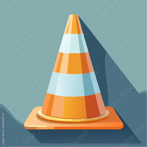 Detailed vector illustration of a vibrant orange and white striped safety cone, representing road work and construction site warnings