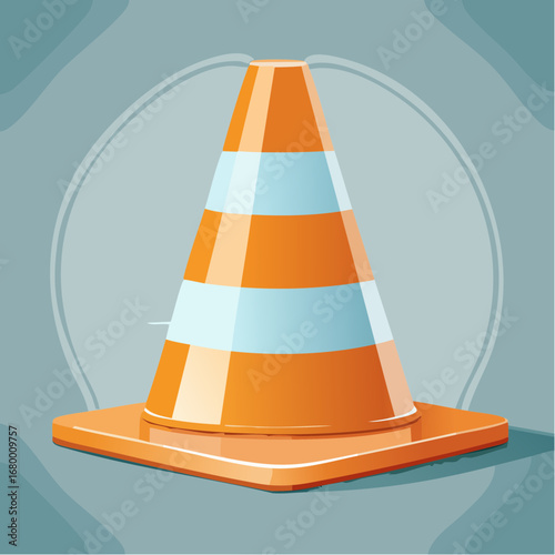 A clean vector graphic illustration of a traffic safety cone featuring glossy plastic textures and bold reflective stripes for road warnings