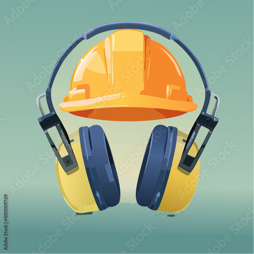 Industrial safety gear vector art featuring a floating yellow hard hat and protective earmuffs with a clean, modern design