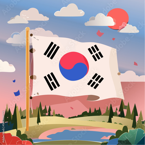 A patriotic vector illustration featuring the South Korean national flag, the Taegeukgi, waving proudly over a scenic nature landscape at sunset