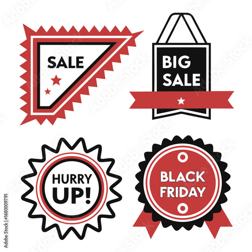 Four sale badges including a triangle with sale text, a shopping bag with big sale, hurry up and black friday