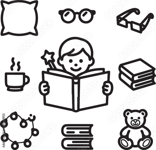 Imaginative Storytime Vector Icons Collection Child Reading, Open Book, Magic Wand, Pillow, Cup, Reading Glasses, Book Stack, Teddy, and Fairy Lights