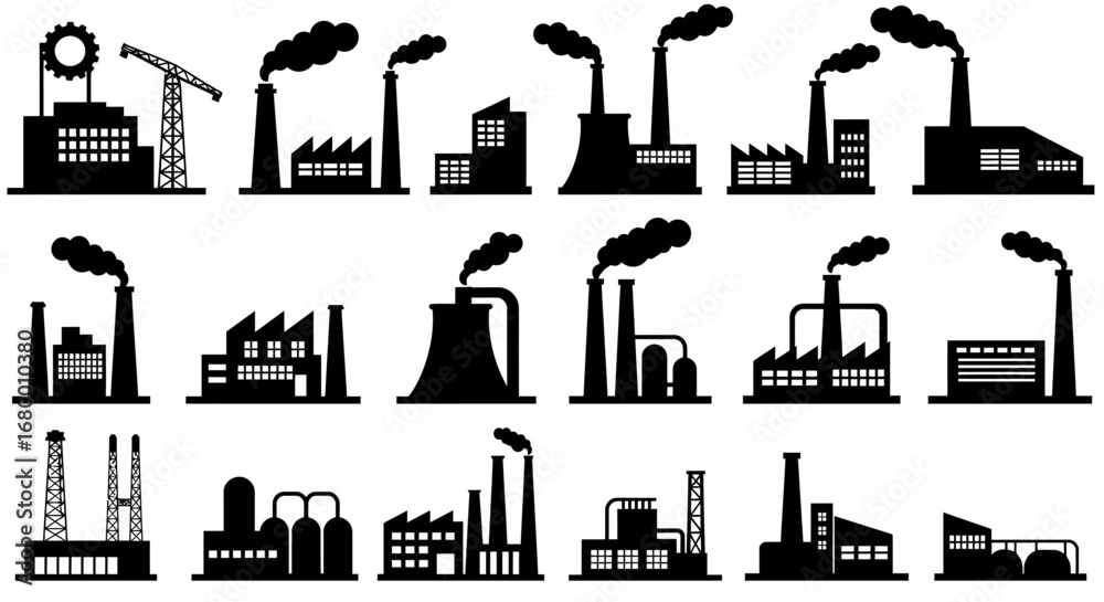 Fototapeta premium Industrial factory icons in black silhouette style, vector illustration