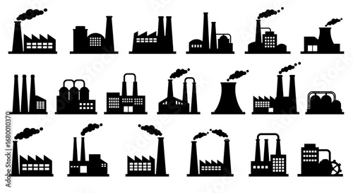 Industrial factory icons in black silhouette style, vector illustration