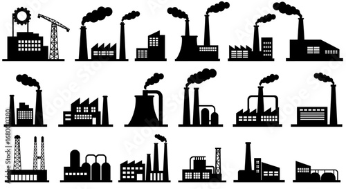 Industrial factory icons in black silhouette style, vector illustration