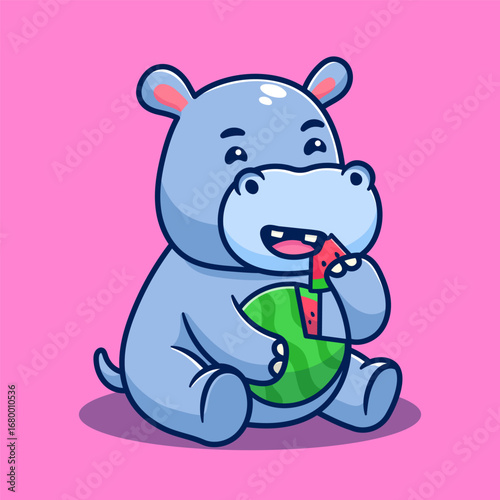cartoon hippo eating watermelon. adorable cartoon animal