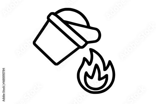 Bucket pouring water on fire line art icon

