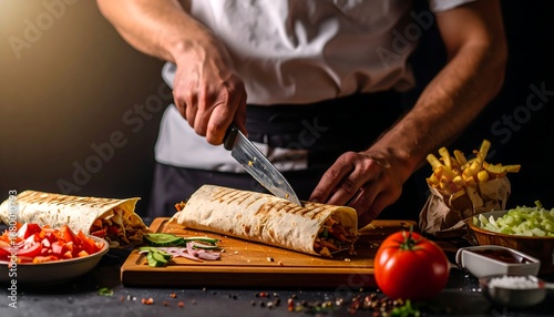 A chef slicing a delicious-looking shawarma