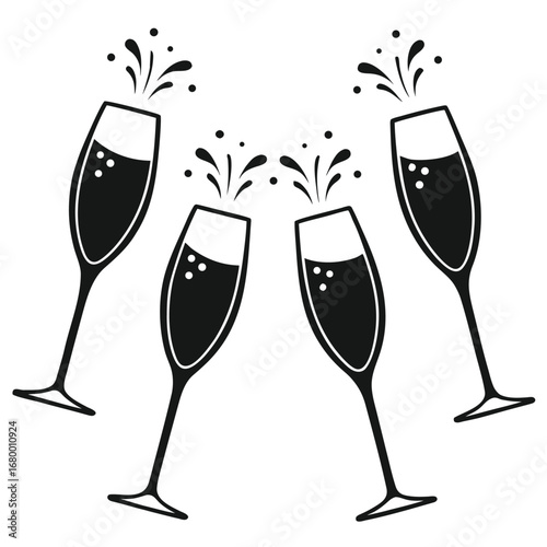 Illustration of four champagne glasses toasting with sparkling liquid in black and white design style