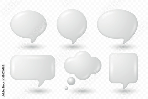 Vector 3d White Glossy Speech Bubble Set. Chat Callout and Thought Icons Isolated. Empty Message Balloon Collection. Blank Speech Bubbles for Comic, Sticker, Template. Speech Bubble Clipart